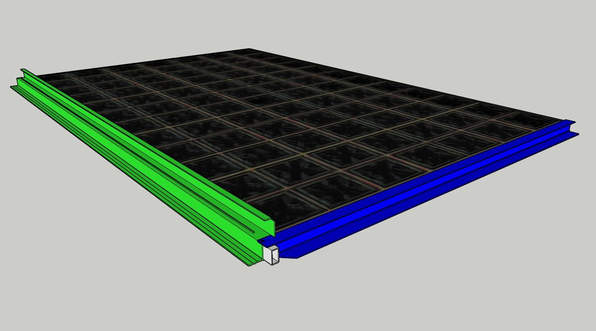 Render of a standard PV module seated in the Quad+ aluminum frame